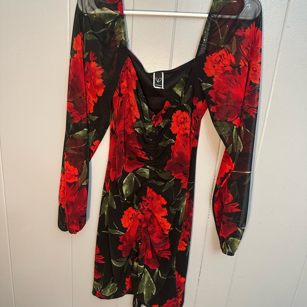 Windsor Red roses/Black Bodycon Dress with Long Bishop Sleeves and Square Neck